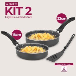 Kit Frigideira Reta Funda Alegrete Enjoy Antiaderente Cinza Espátula