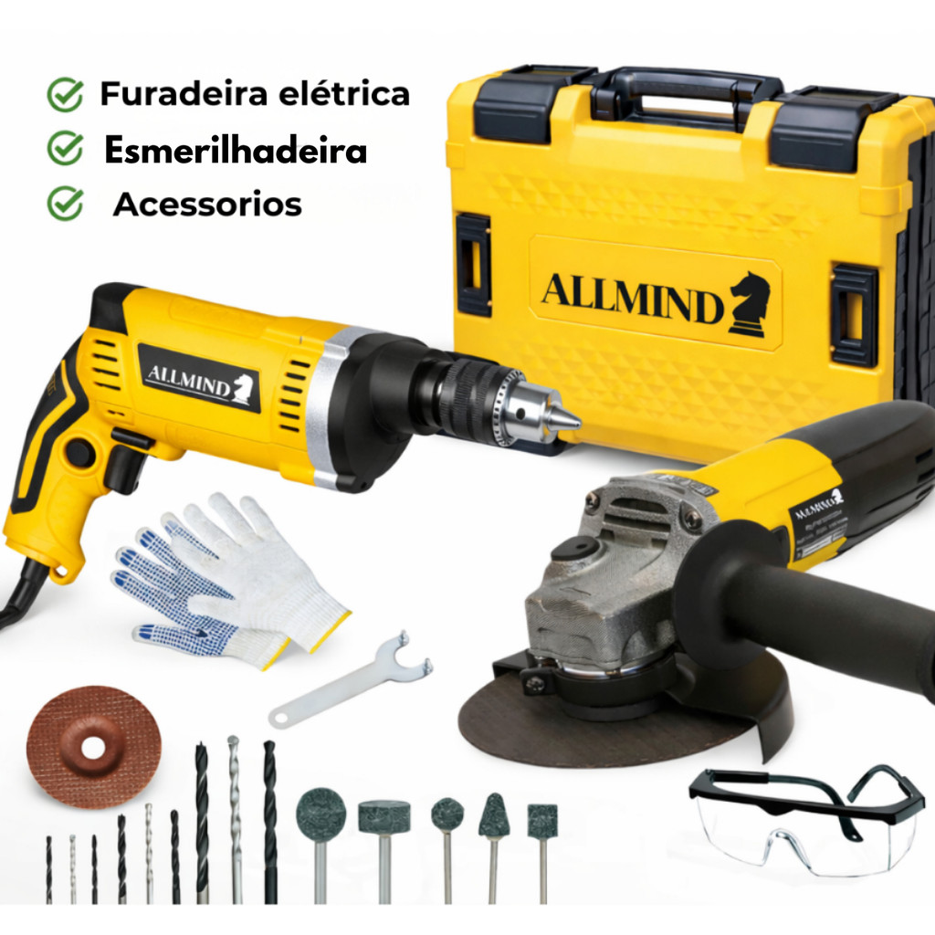 Kit Furadeira de Impacto 900W Esmerilhadeira Angular 4½” Profissional