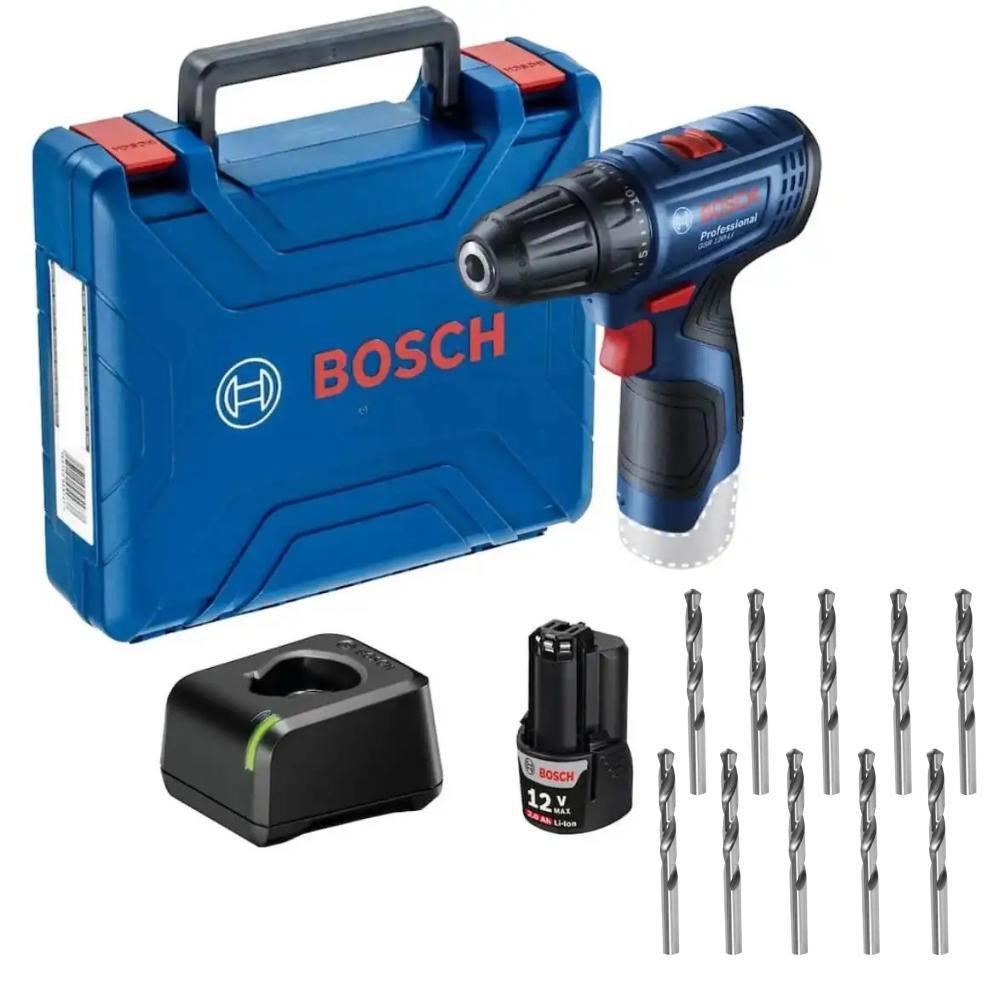 Kit Furadeira Parafusadeira Gsr 12V Bosch e Jogo 10 Brocas Aço Rápido