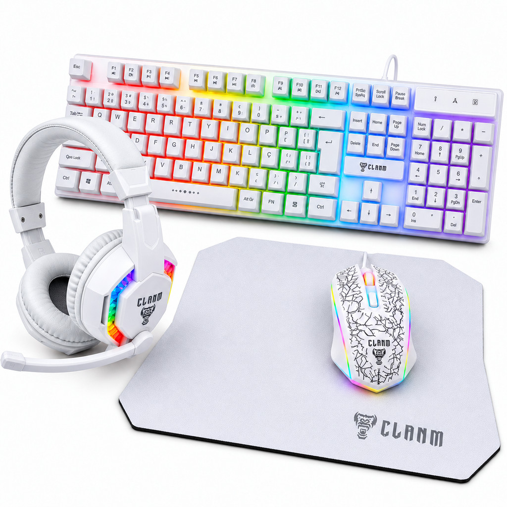Kit Gamer Completo Snow 4 em 1 Clanm Teclado ABNT2 Mouse 3600 DPI