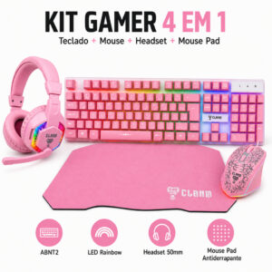 Kit Gamer Rosa 4 em 1 Clanm Teclado ABNT2 Mouse 3600 DPI Headset 50mm