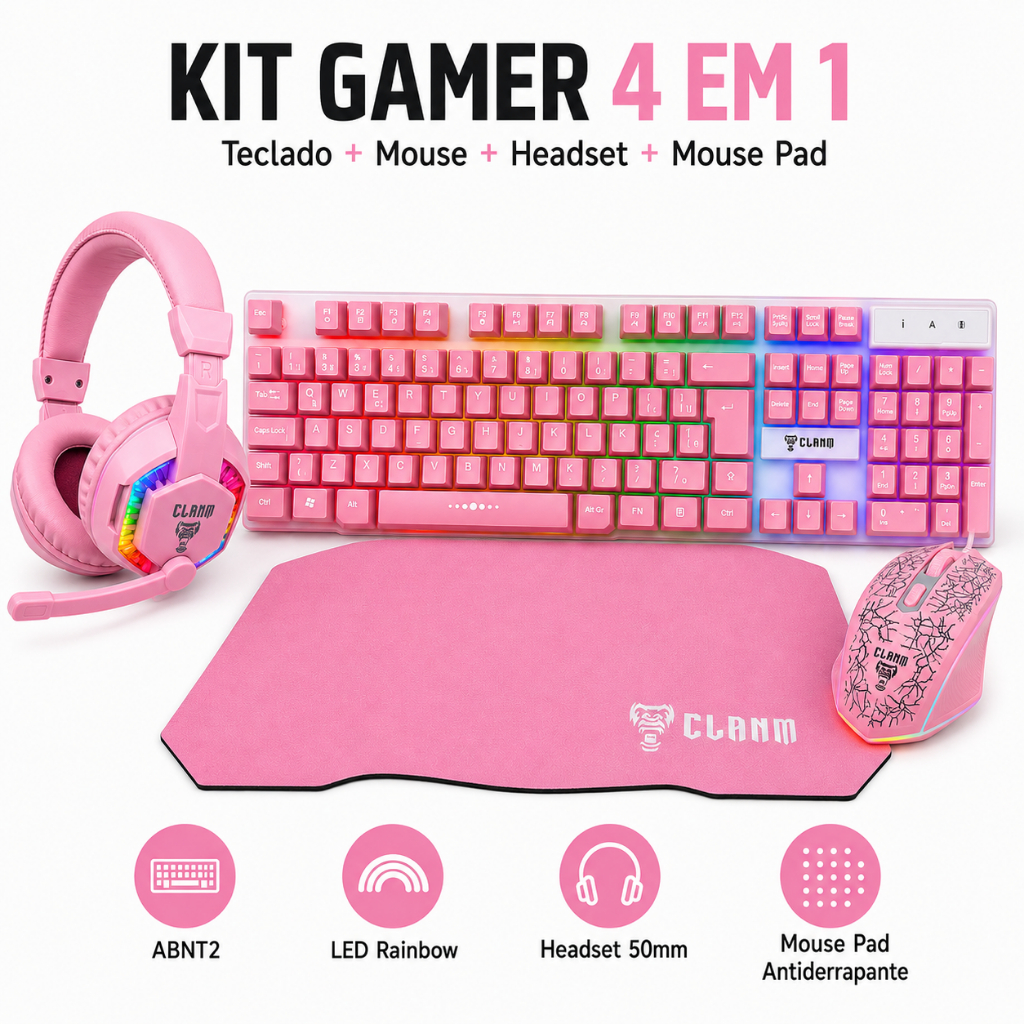 Kit Gamer Rosa 4 em 1 Clanm Teclado ABNT2 Mouse 3600 DPI Headset 50mm