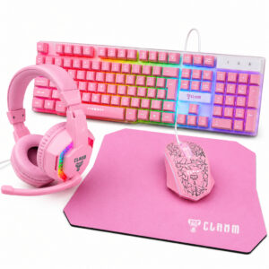 Kit Gamer Rosa para Meninas 4 em 1 Clanm Teclado ABNT2 Mouse 3600 DPI