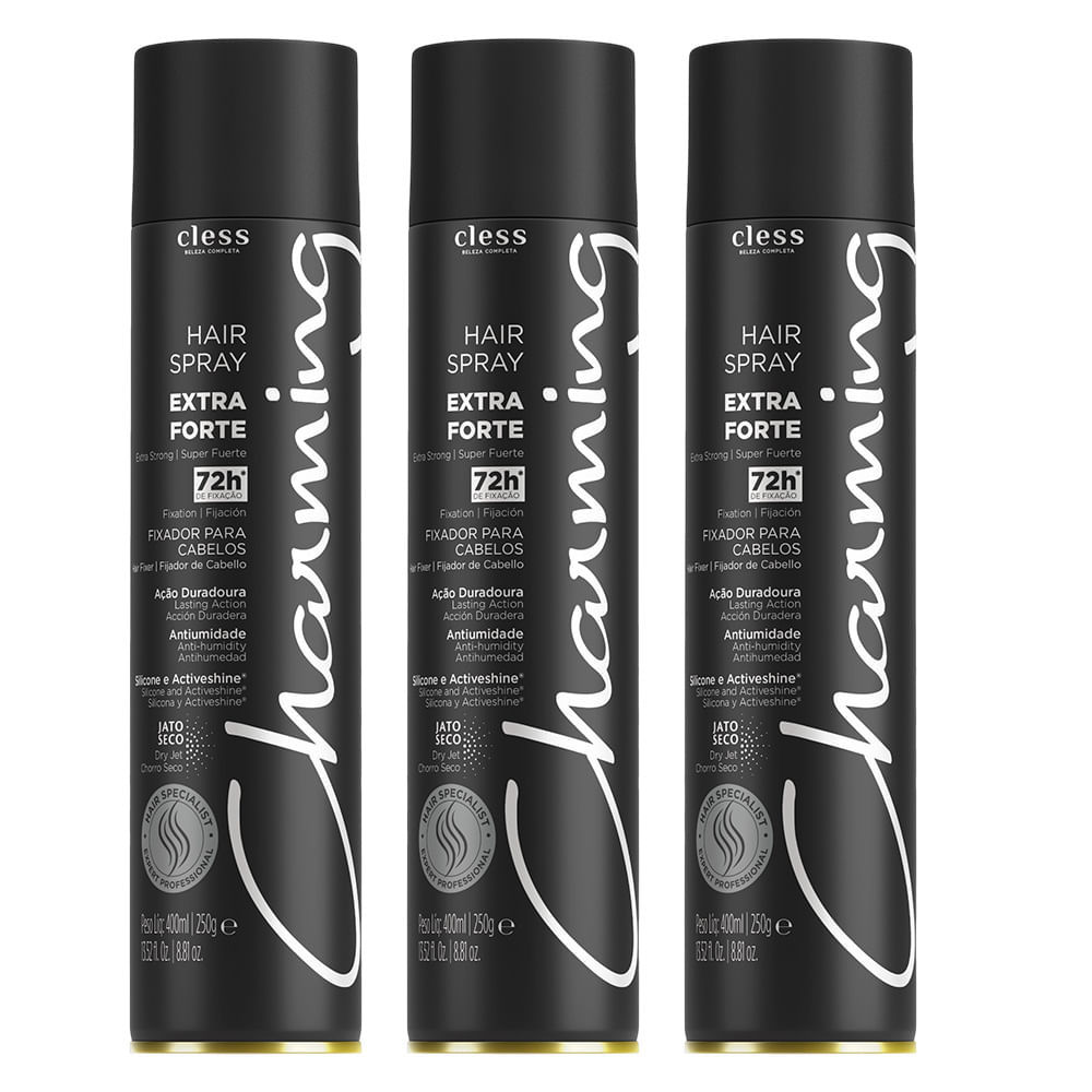 Kit Hair Spray Charming Black Extra Forte Sem Perfume 400ml 3 Unidades