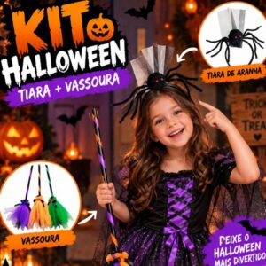 Kit Halloween Vassoura de Bruxa 90cm Tiara de Aranha com Teia