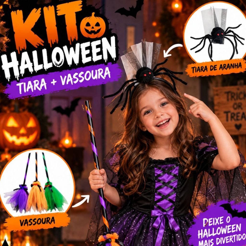 Kit Halloween Vassoura de Bruxa 90cm Tiara de Aranha com Teia