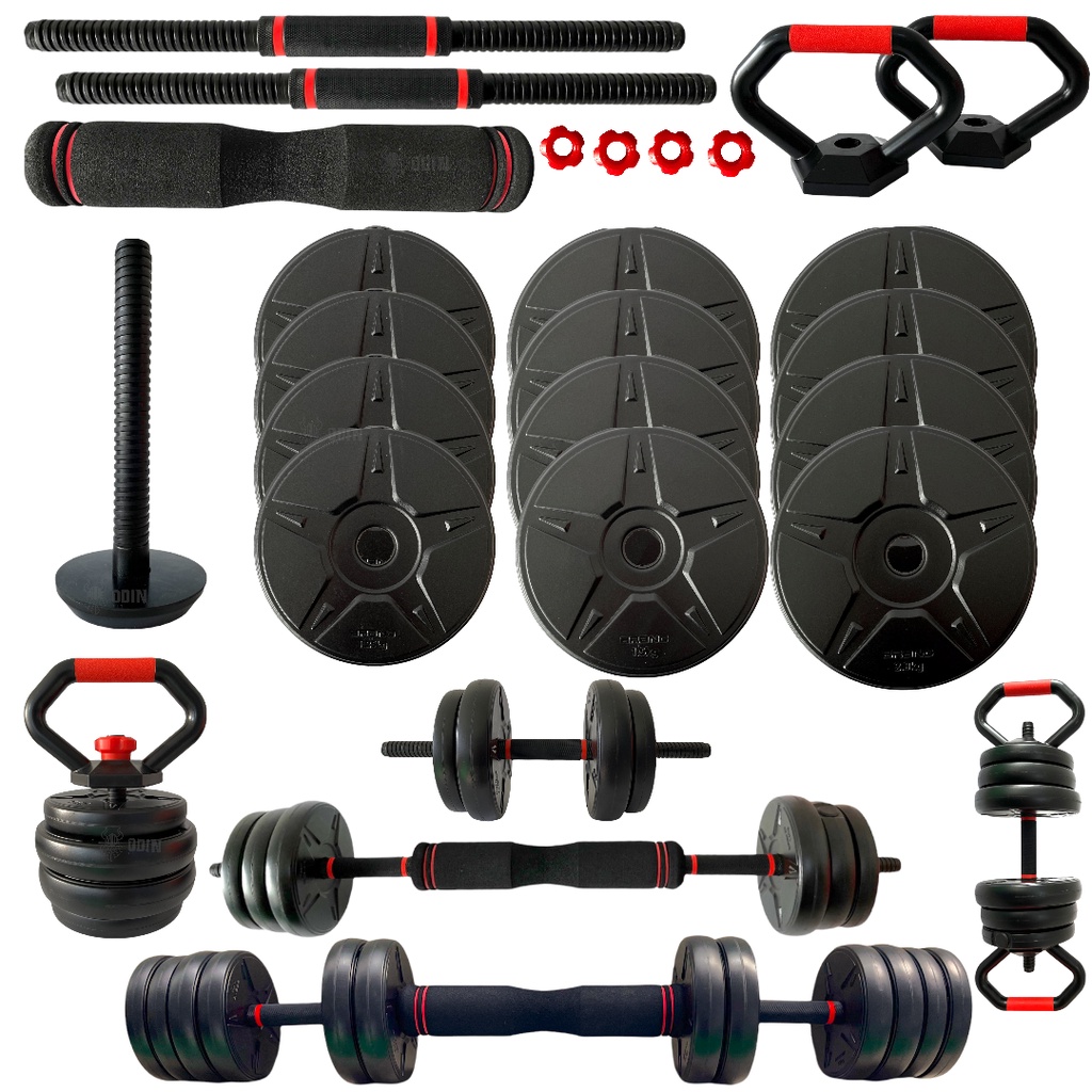 Kit Halteres Musculação Kettlebell Barra Anilhas 6 em 1 Peso 20kg