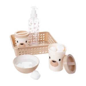 Kit Higiene Urso Bege 5 Peças Organizador Porta Cotonete Algodão Bowl