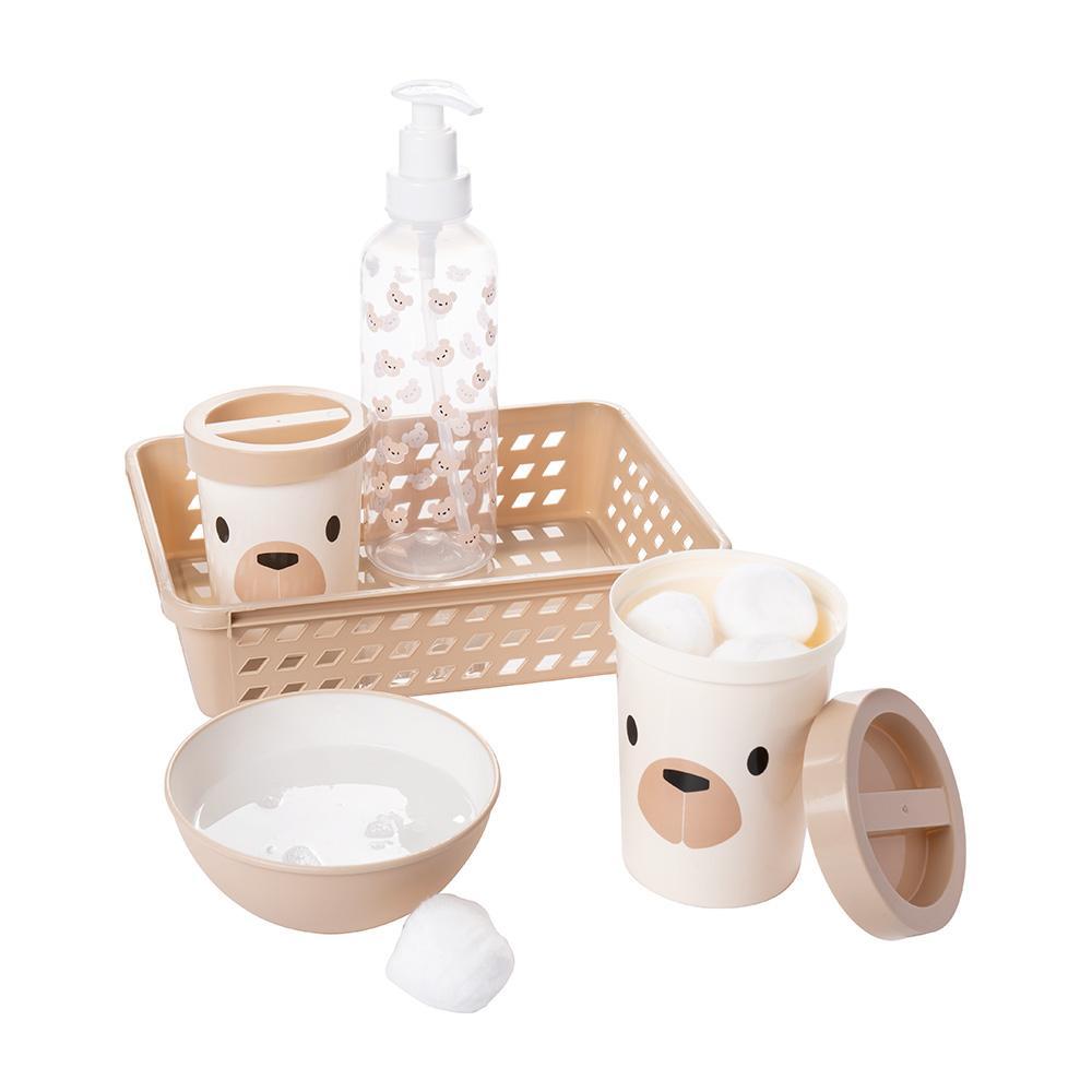 Kit Higiene Urso Bege 5 Peças Organizador Porta Cotonete Algodão Bowl