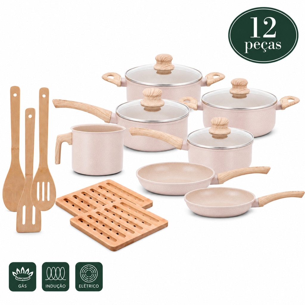Kit Jogo de Panelas Antiaderente 12 Peças Indução Com Fundo Triplo