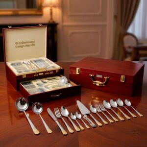 Kit Jogo Faqueiro 84 Peças Talheres Luxo em Inox Banhado a Ouro 24k