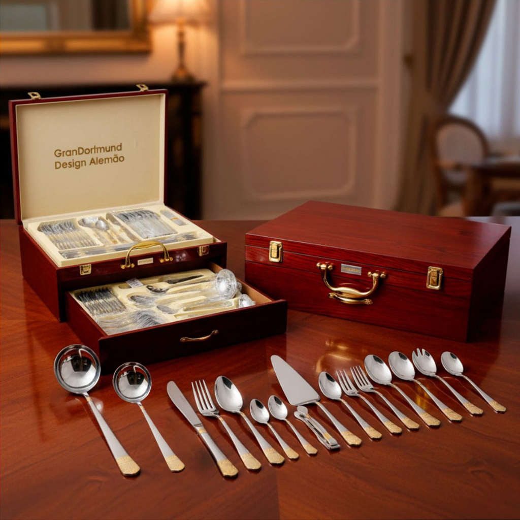 Kit Jogo Faqueiro 84 Peças Talheres Luxo em Inox Banhado a Ouro 24k