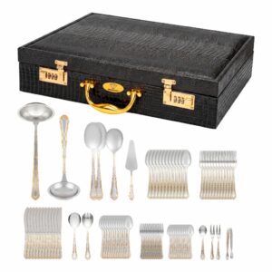 Kit Jogo Faqueiro 84 Peças Talheres Luxo Inox Banhado a Ouro 24k