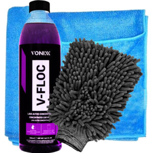 Kit Lavagem Automotiva Limpeza Vonixx Shampoo V-Floc 500ml Luva e