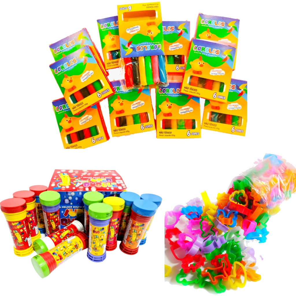 Kit Lembracinha Infantil 25 Massinha de Modelar 25 Bolha de Sabão 50
