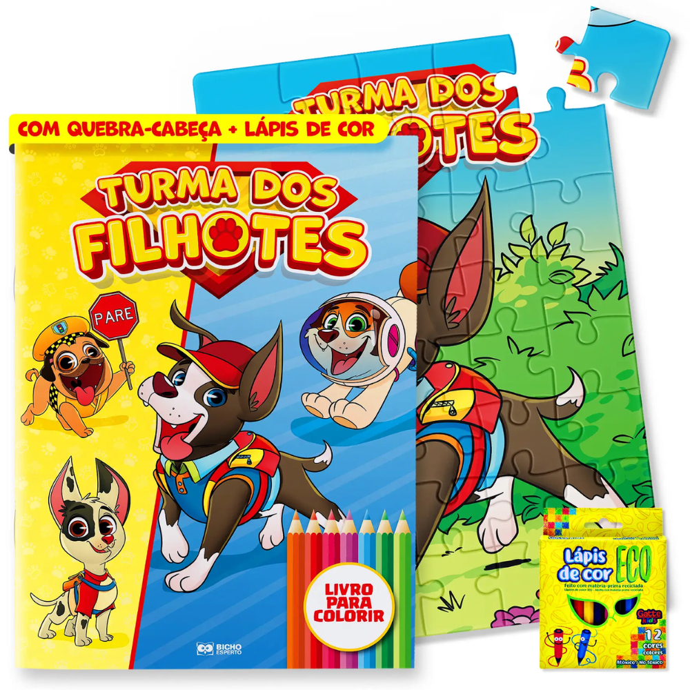Kit Livro de Colorir Diversão Turma Dos Filhotes Quebra-Cabeça e