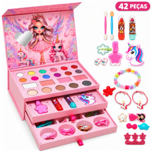 Kit Maquiagem Infantil Maleta 3 Gavetas 42 Peças Sombras Batom Blush