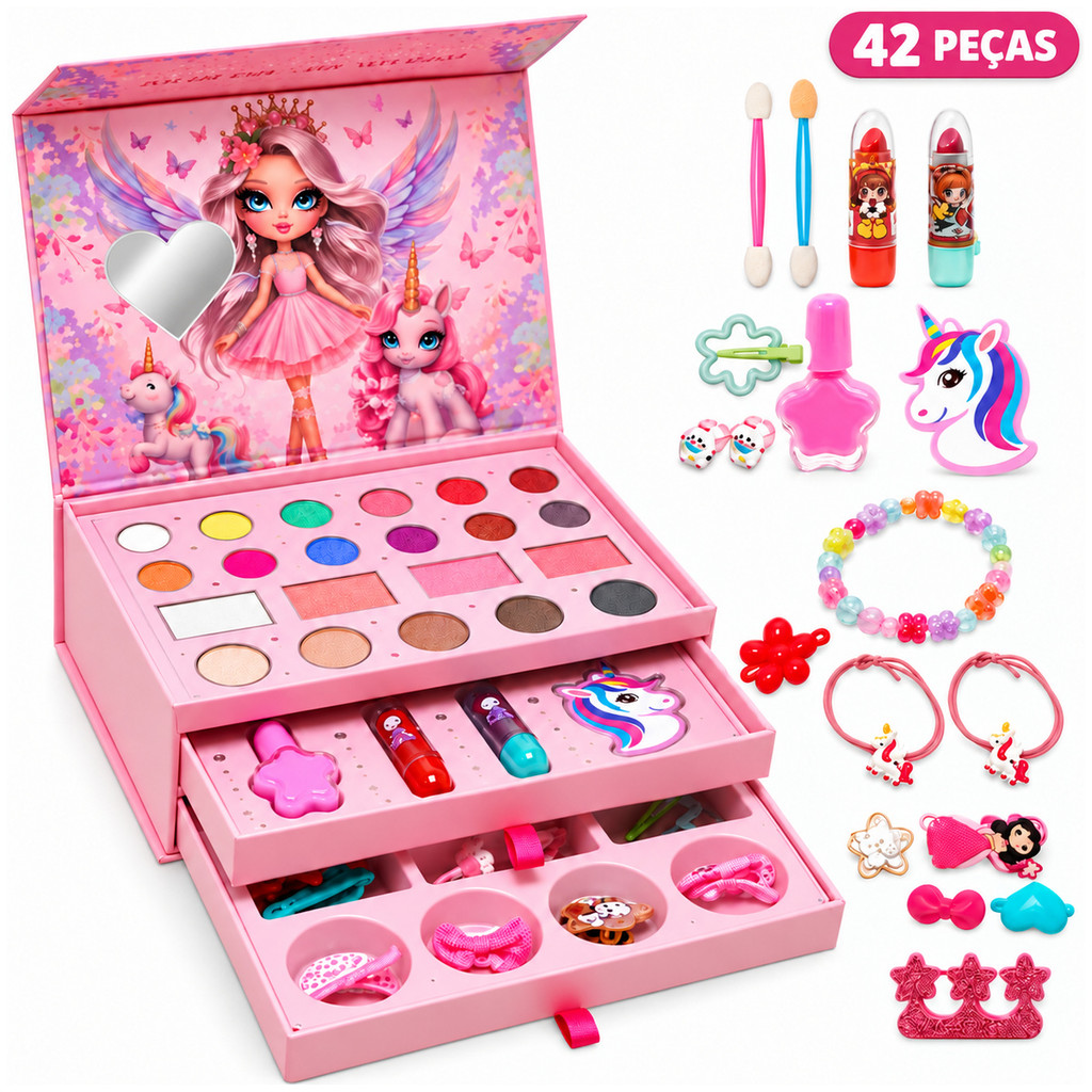 Kit Maquiagem Infantil Maleta 3 Gavetas 42 Peças Sombras Batom Blush