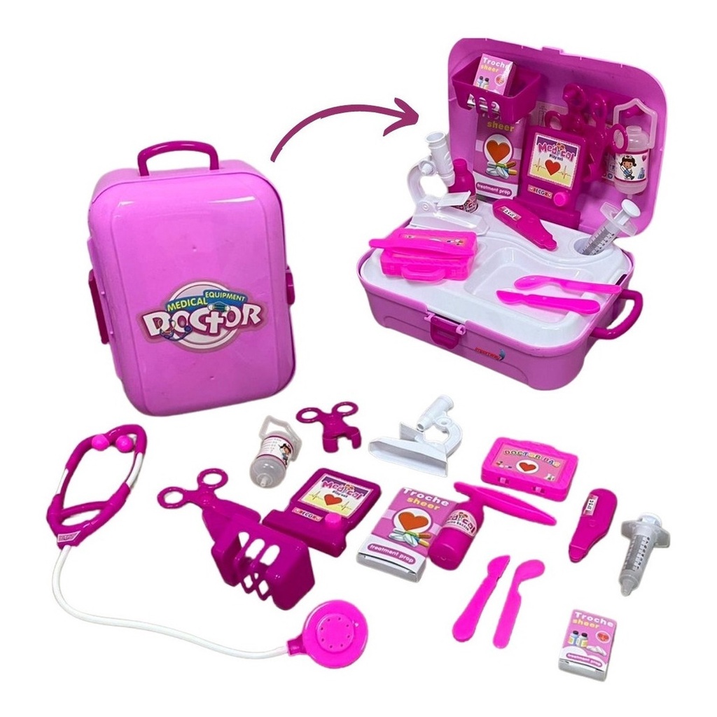 Kit Médico Infantil Maleta Vira Mochila Rosa Com Acessórios Curativo