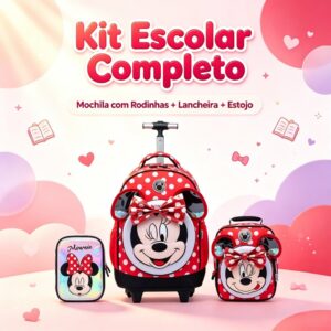 Kit Minnie Mochila Lancheira Estojo Escolar Feminina Rodinha Disney