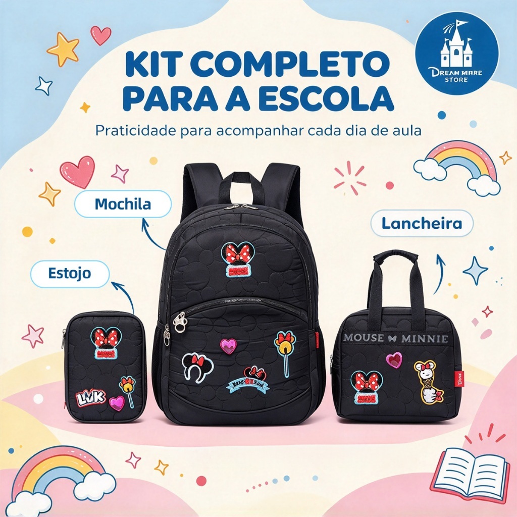 Kit Minnie Mochila Lancheira Estojo Escolar Infantil Disney