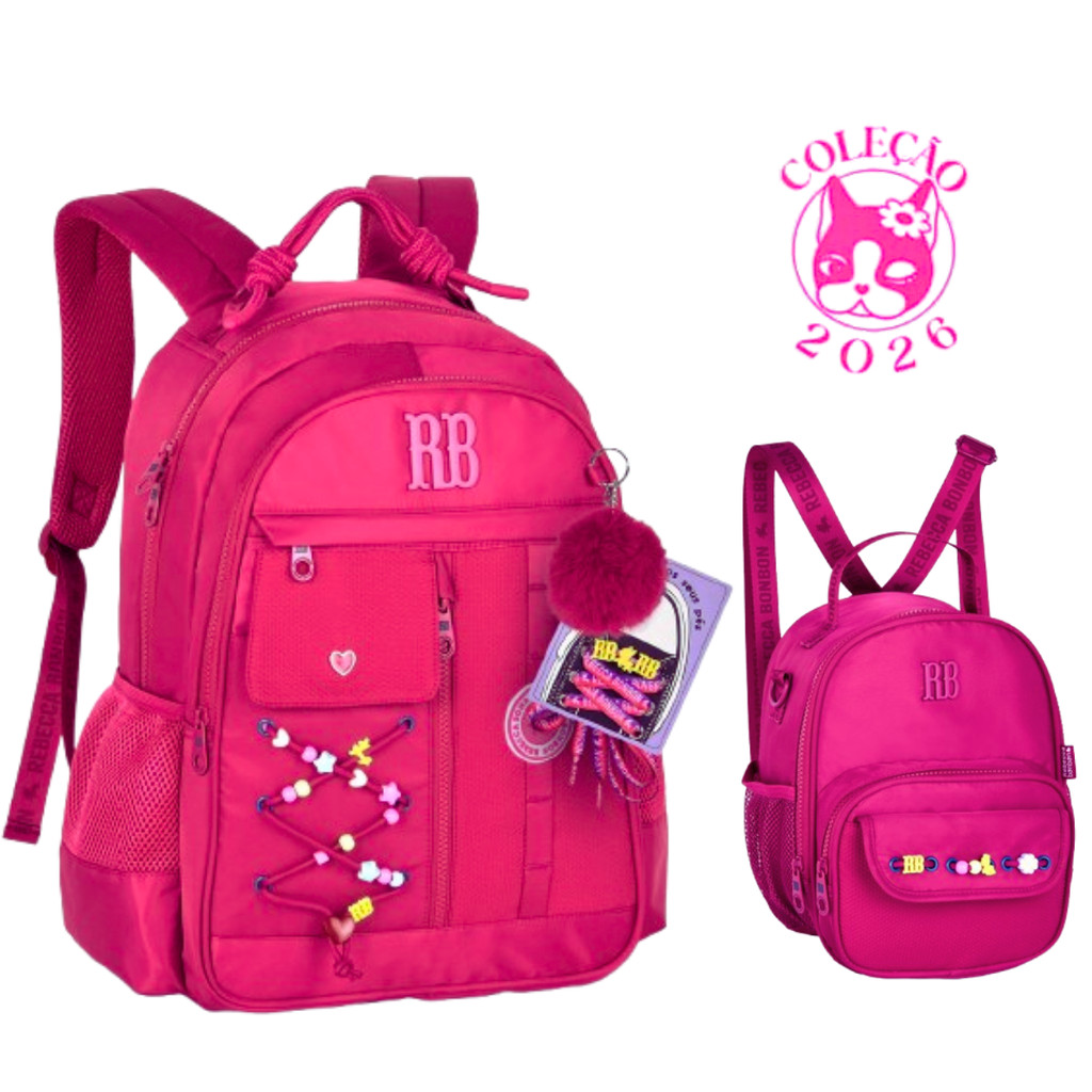 Kit Mochila de Costas com par de cadarços e Lancheira Rebecca Bonbon