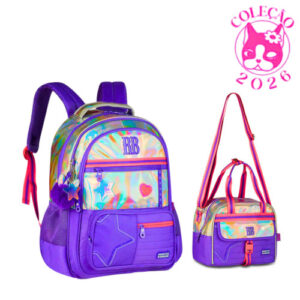 Kit Mochila de Costas e Lancheira Rebecca Bonbon Holo Shine Clio