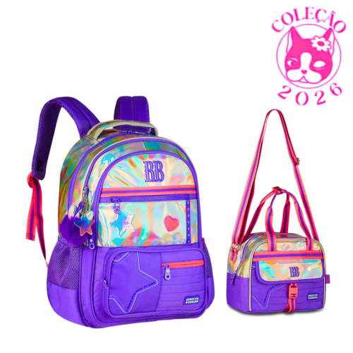Kit Mochila de Costas e Lancheira Rebecca Bonbon Holo Shine Clio