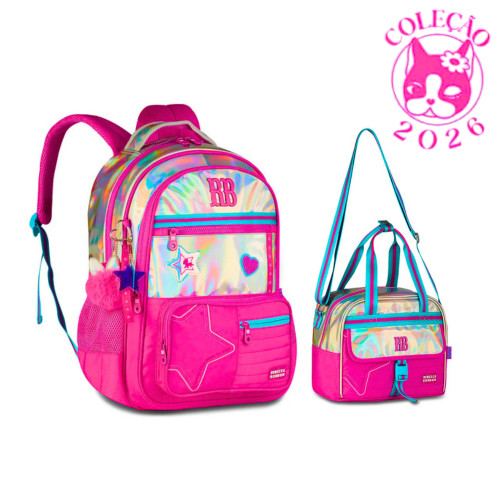 Kit Mochila de Costas e Lancheira Rebecca Bonbon Holo Shine Clio