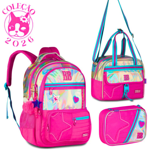 Kit Mochila de Costas ,Lancheira e Estojo Rebecca Bonbon Holo Shine