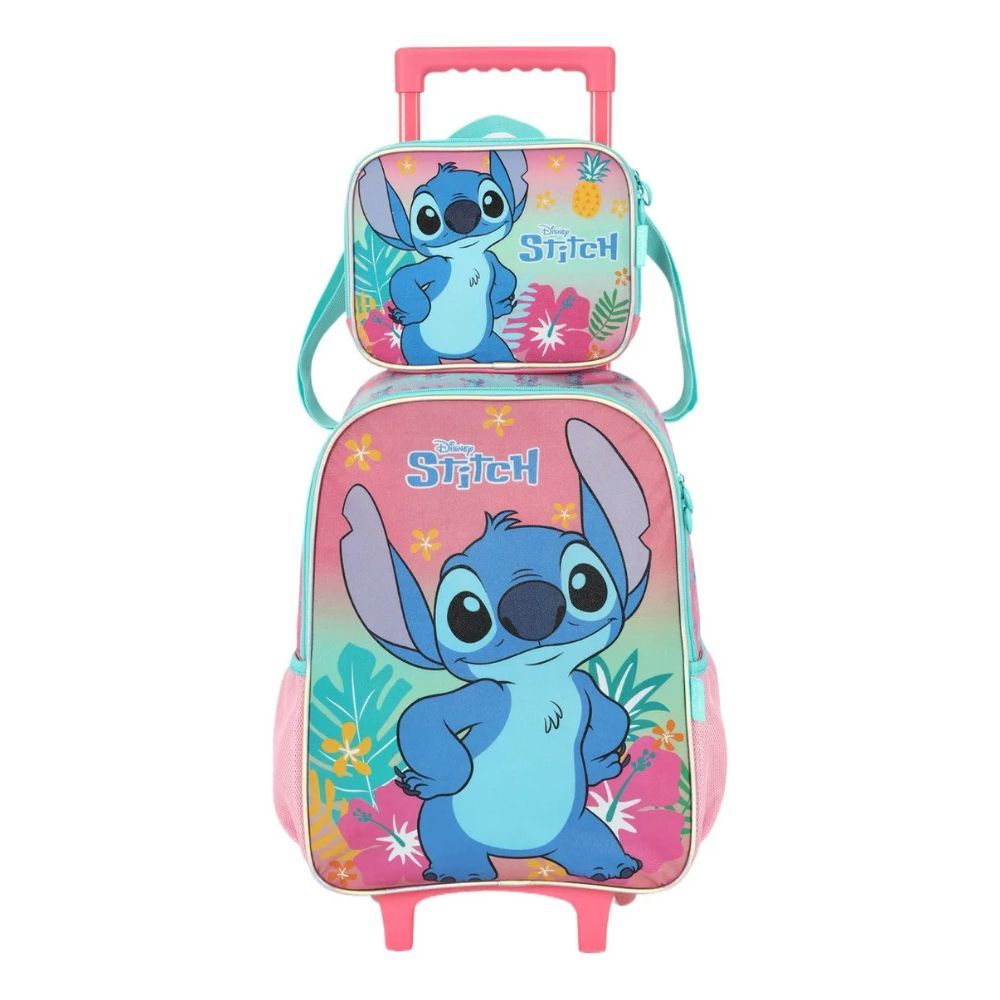 Kit Mochila de Rodinha e Lancheira Stitch e Angel Luxcel