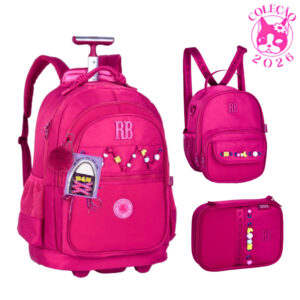 Kit Mochila de Rodinhas Com par de Cadarços,Estojo e Lancheira