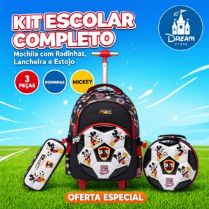 Kit Mochila de Rodinhas Mickey Disney Infantil Escolar Resistente