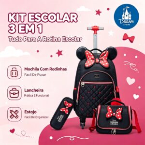 Kit Mochila de Rodinhas Minnie Disney Infantil Escolar com Lancheira