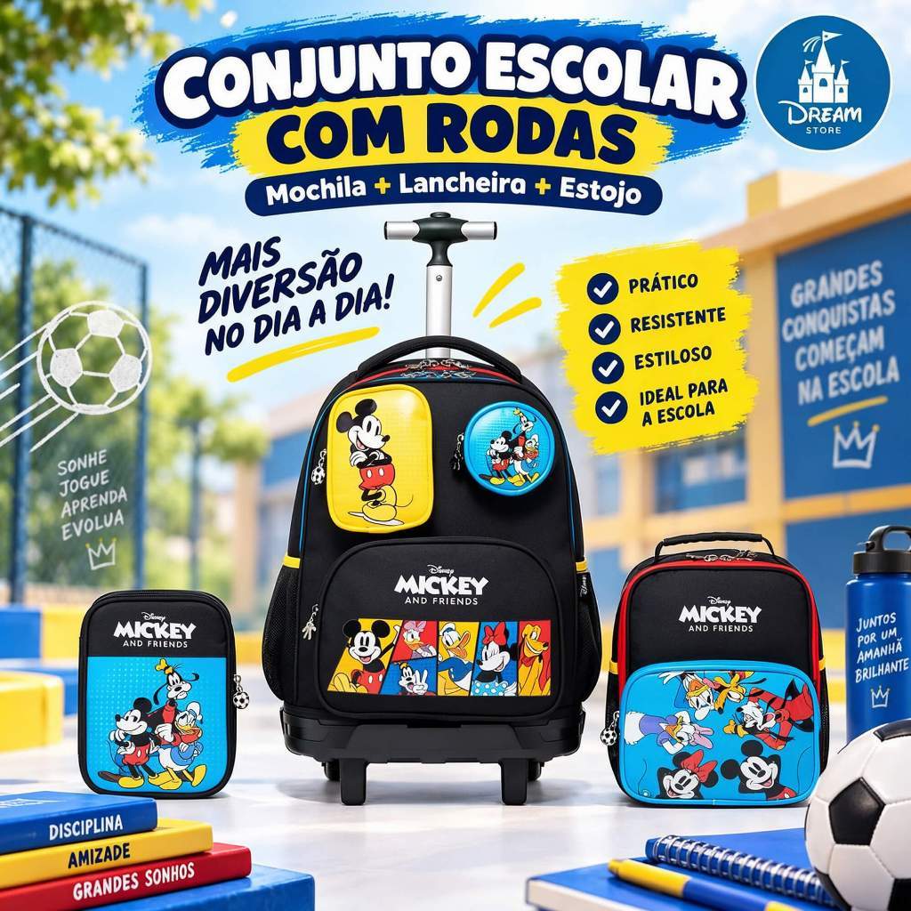 Kit Mochila Disney Rodinha Lancheira Estojo Escolar Infantil Mickey