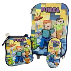 Kit Mochila Escolar Game Pixel Craft Com Lancheira E Estojo