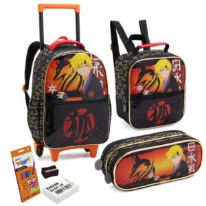 Kit Mochila Escolar Infantil com Rodinhas, Lancheira e Estojo Duplo