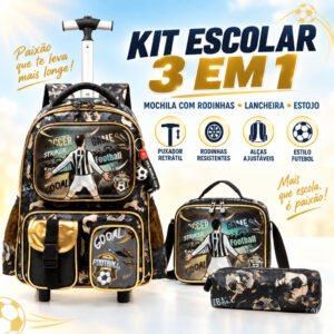 Kit Mochila Lancheira Estojo Infantil Rodinhas Menino Futebol
