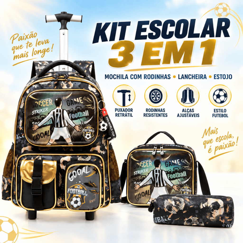 Kit Mochila Lancheira Estojo Infantil Rodinhas Menino Futebol