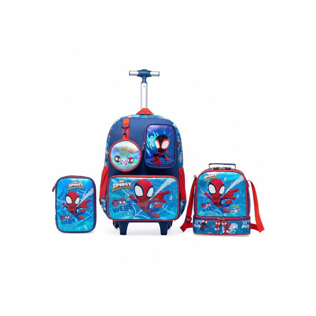 Kit Mochila Rodinha Marvel Lancheira Estojo Escolar Infantil Spider