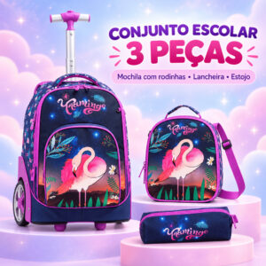 Kit Mochila Roxa Lancheira Térmica Estojo Infantil Rodinha Flamingo