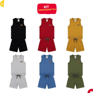 Kit Monocromático 4 Peças Roupa Infantil Menino Conjunto Liso Verão 2
