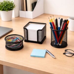 Kit Organizador de Mesa em Metal Preto 3 Porta Caneta Recados e Clips