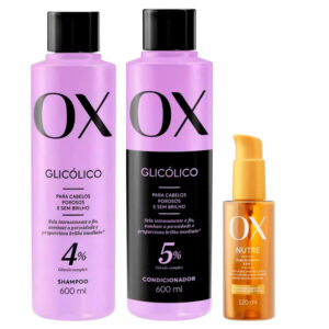 Kit OX Glicólico Shampoo 600ml Condicionador 600ml Óleo Capilar