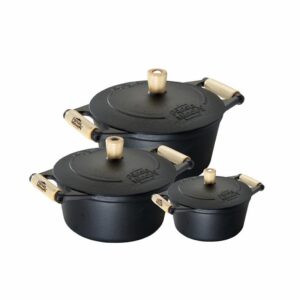 Kit Panela de Ferro Fundido 3 Peças Caçarolas com Alça de Madeira
