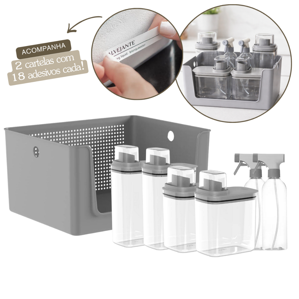 Kit Para Lavanderia 7 Peças Cesto Organizador Dispenser Sabão