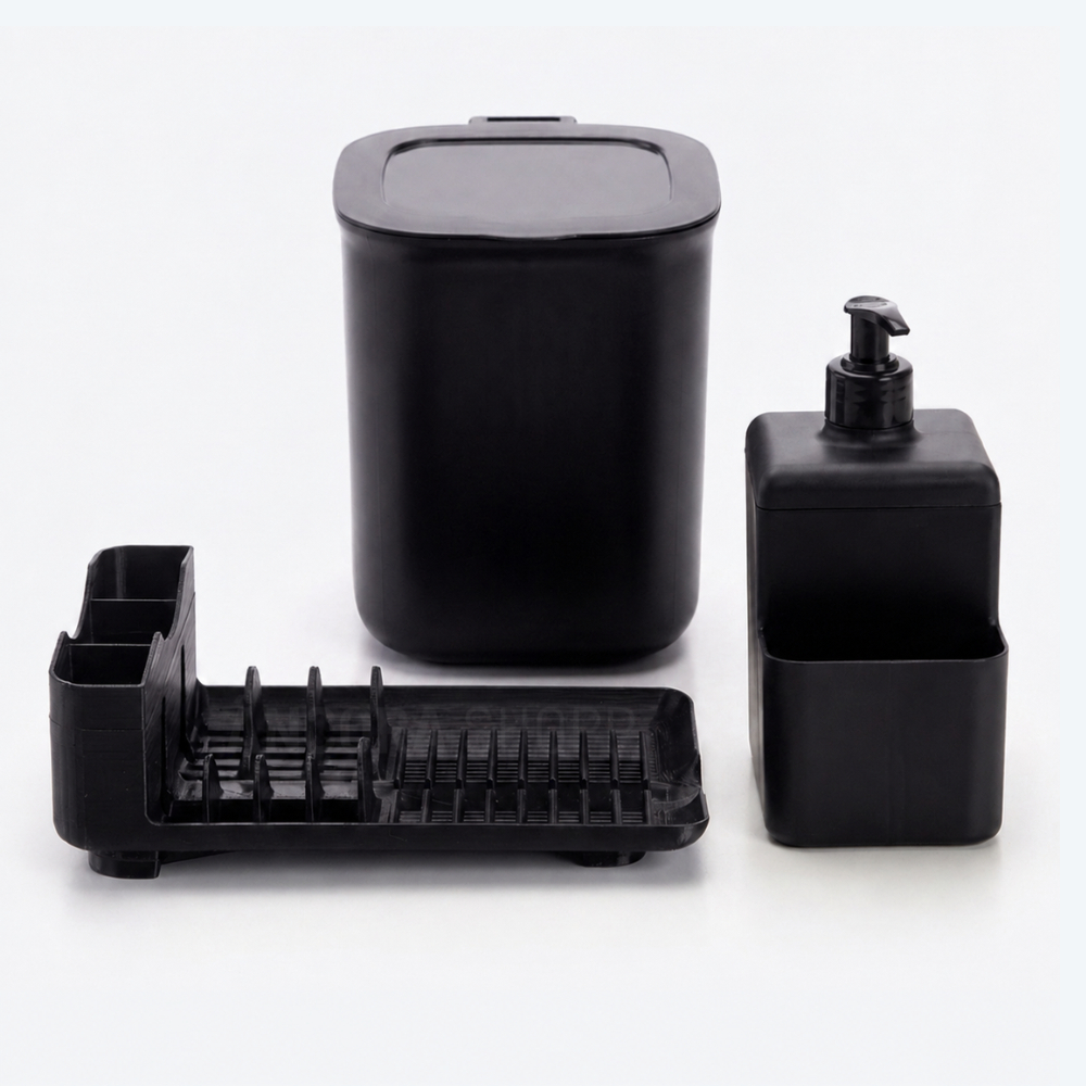 Kit Pia Cozinha 3 peças Lixeira Porta Detergente 500ml Escorredor de