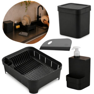 Kit Pia Cozinha Preto 4 Peças Lixeira Dispenser Escorredor de Louça
