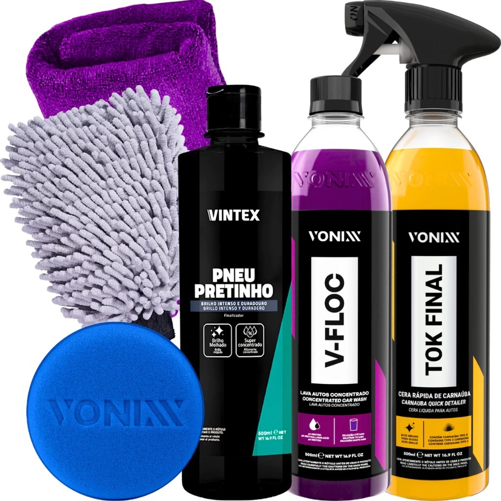 Kit Pneu Pretinho Shampoo V-Floc Cera Tok Final Carnauba Vonixx Líder — Cabelos