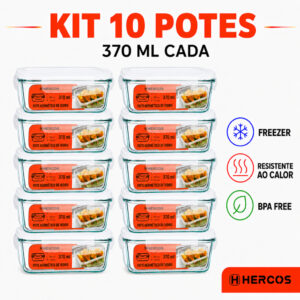 Kit Pote Hermético Vidro Tampa 4 Travas 370ml Retangular Freezer